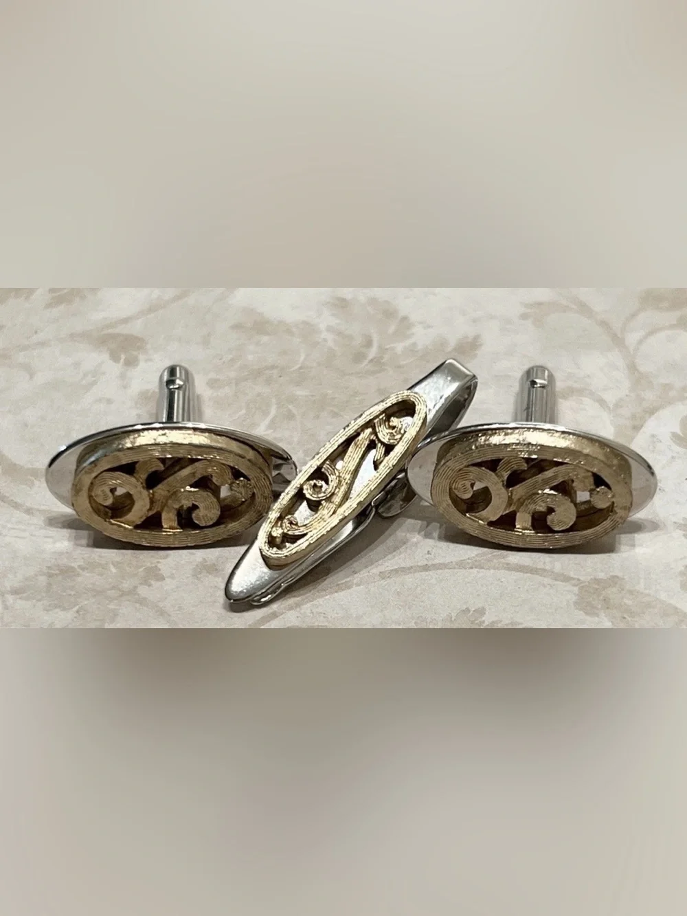 SWANK Vintage 90’s Silver & Gold Color Mosaic Cufflinks and Tie Clip Set